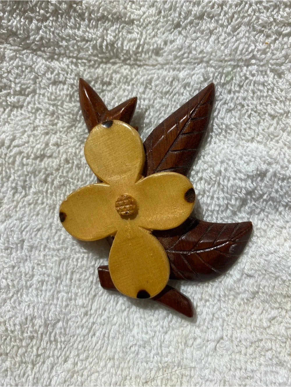 Handcrafted Wooden Flower Brooch in Yellow and Brown (RR)